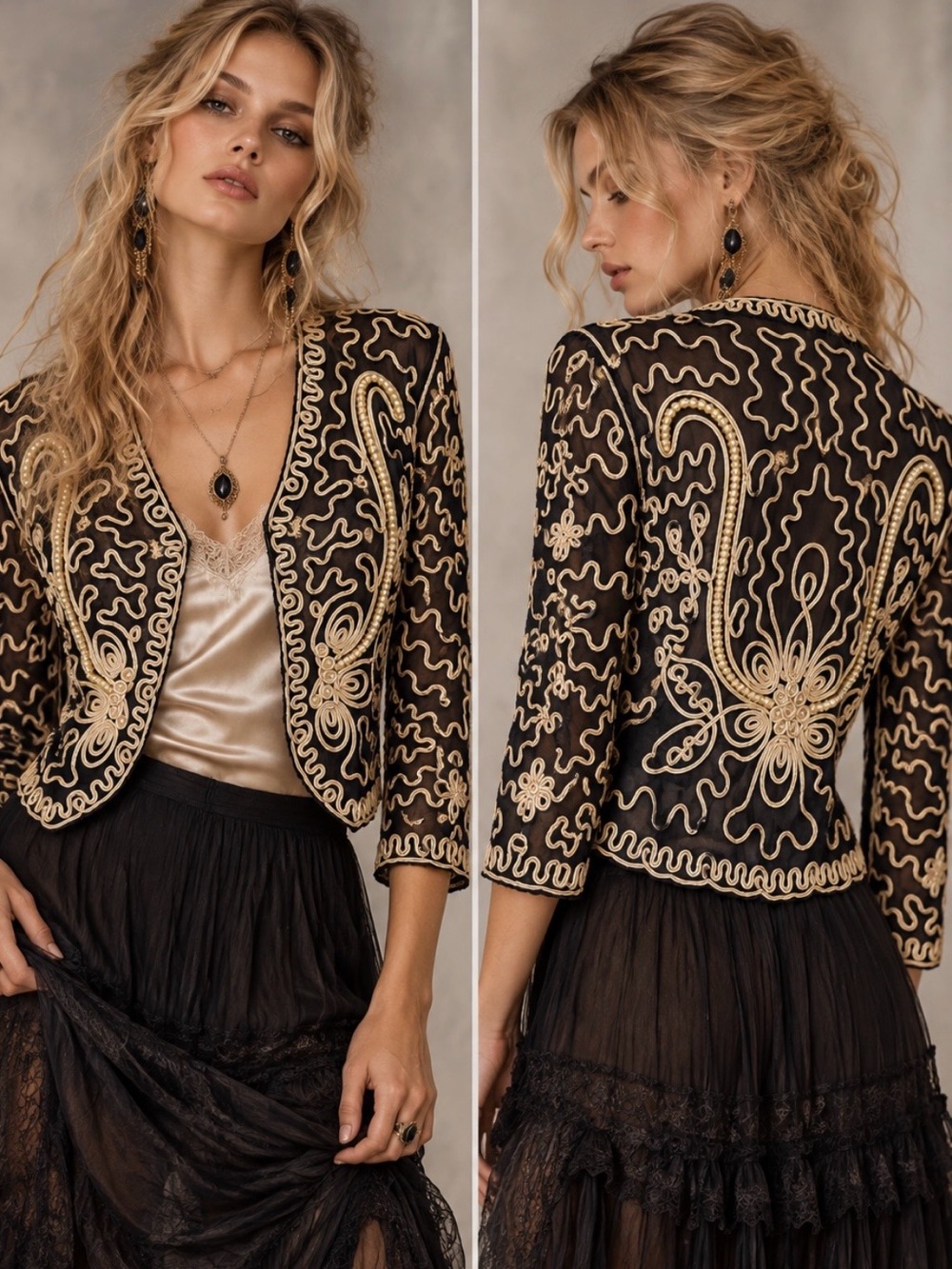 Whimsigoth Y2K Fairycore Handmade Boho Black Jacket Pearls Embroidered